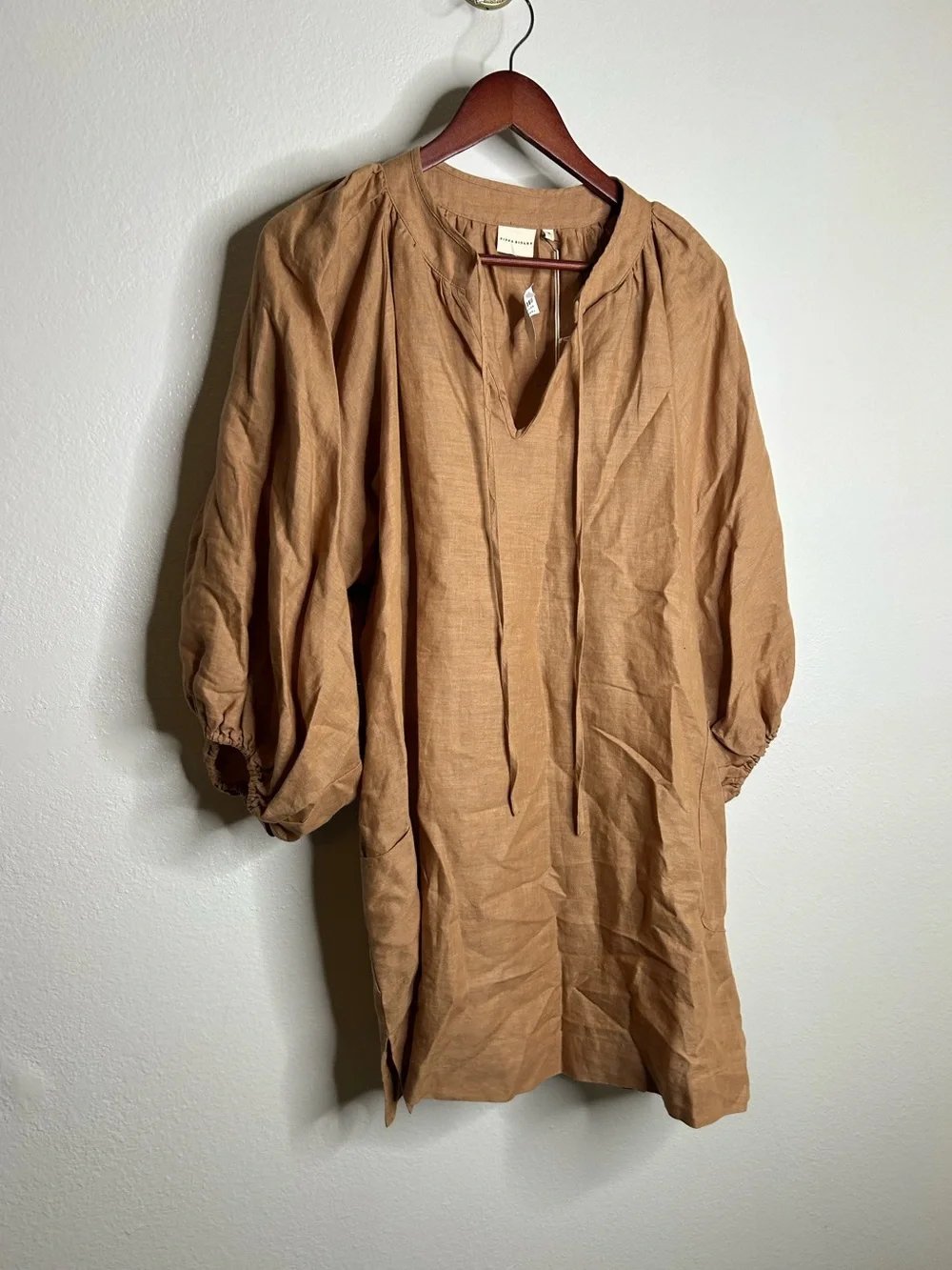NWT Pippa Ridley 100% Linen Sangria Balloon Sleeve Lightweight Dress in Biscuit